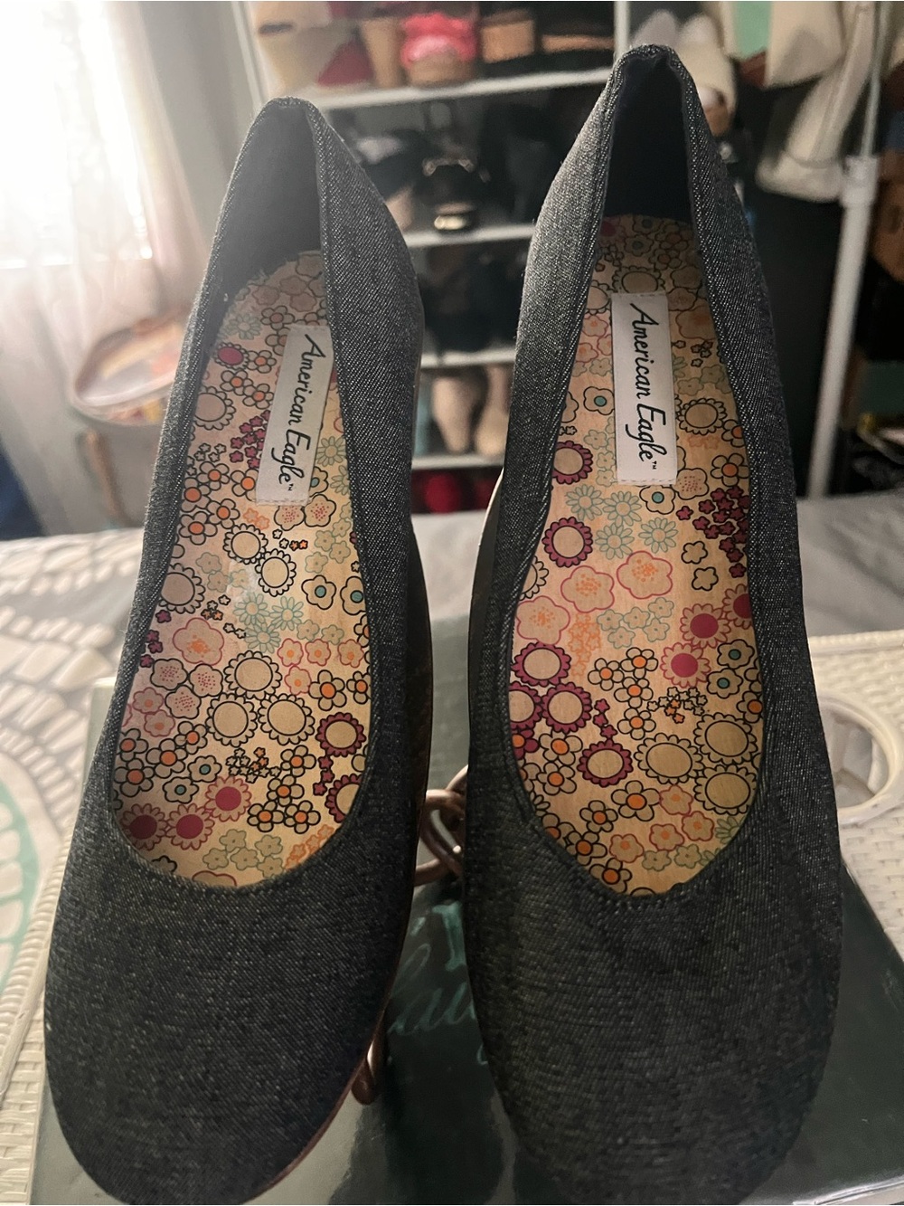 American Eagle Outfitters Dark Gray Denim Wedge Flats with Floral Insole 9